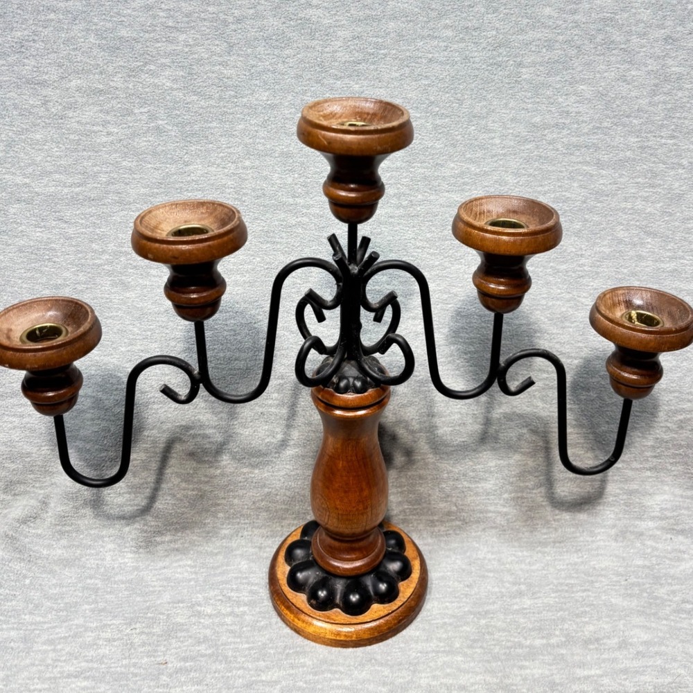 Vtg 60s‎ Wood Metal 5-Arm Candelabra Candle Holder Home Decor